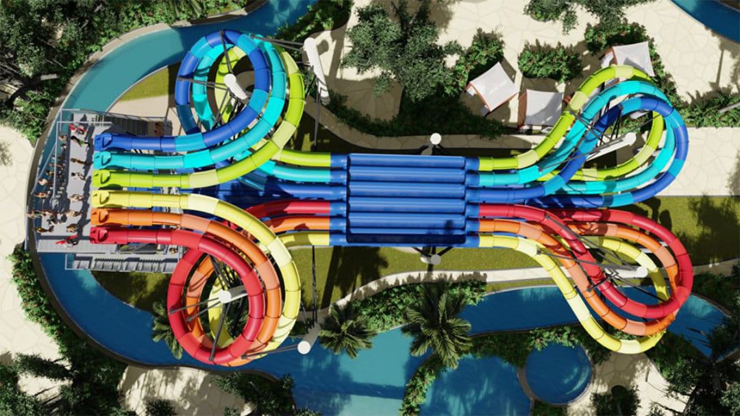 Waldemeer Park and Water World, colorful tubes of color in a figure 8 pattern
